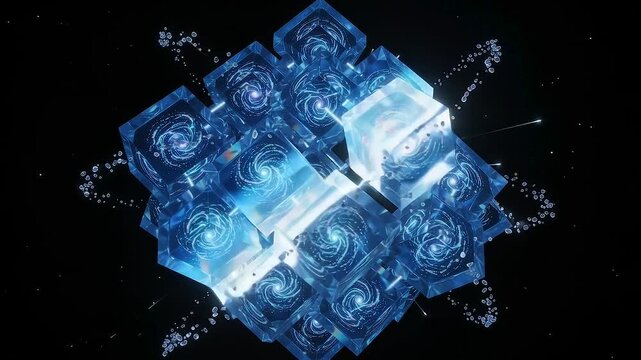 Abstract blue glowing galaxy cubes floating in deep space cosmic background