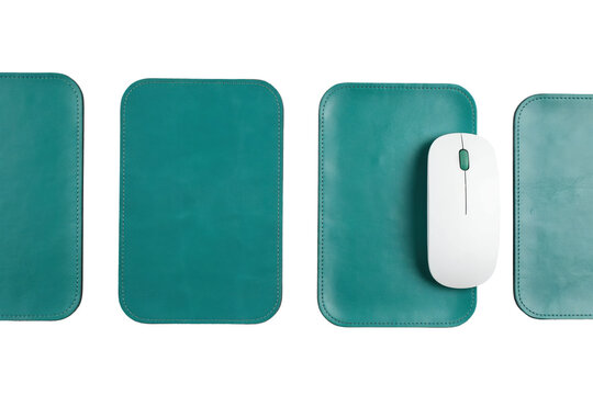 Teal leather mouse pads arranged in a row with a white computer mouse isolated on a transparent background
