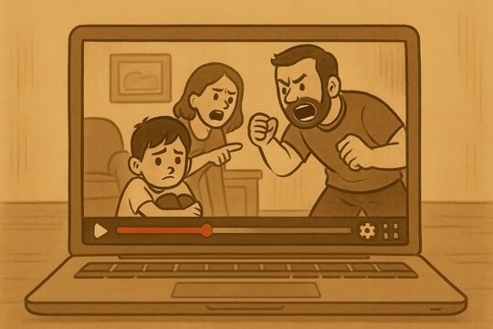 A cartoon laptop displays a family argument, highlighting the negative impact of conflict on children, perhaps suggesting online content with parental discord