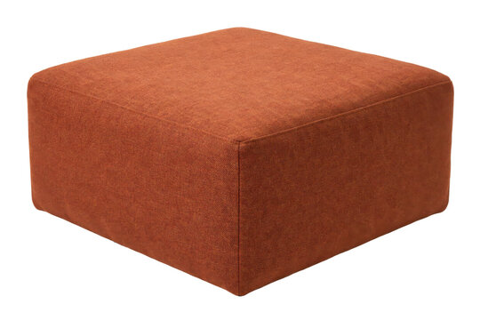 Square orange fabric ottoman footstool with textured upholstery surface isolated on a transparent background