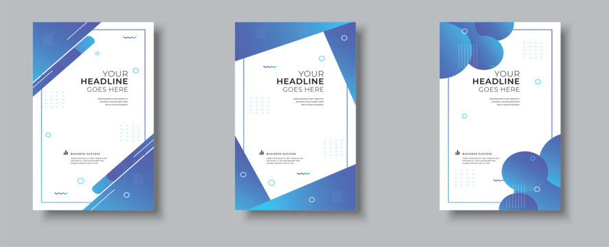 Corporate brochure cover template set. Vector modern business flyer design with blue fluid shapes, geometric lines and triangle accents for annual report and presentation