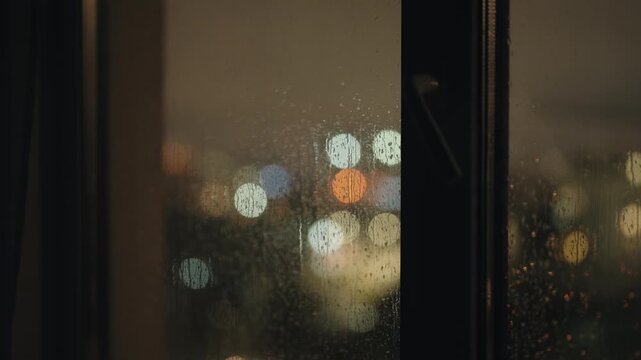 Blurry city lights shimmering through a window covered in raindrops during a rainy night, creating a beautiful bokeh effect and a melancholic, peaceful atmosphere of a quiet evening at home