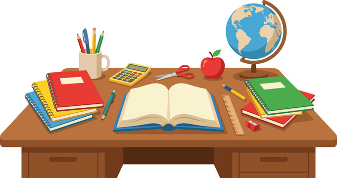 Flat design vector illustration of a teacher's desk with books, globe, calculator, and school supplies, isolated on white.