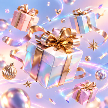 Floating Iridescent Gift Boxes with Golden Ribbons on a Magical Holographic Background