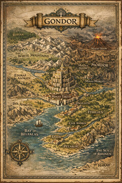 Majestic Gondor map in Tolkien's universe.