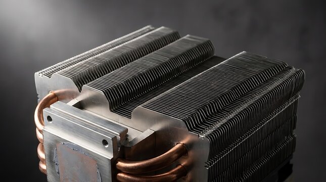 Metal computer processor cooler with copper heat pipes for cooling high performance desktop hardware. heat dissipation designs