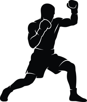 Black silhouette of a boxer throwing an uppercut punch, isolated on a white background, of a combat sports athlete in action