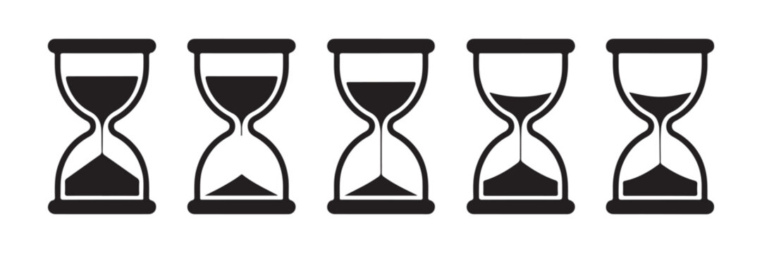 Sequence of black hourglass vector icons displaying various levels of sand inside minimalist glass outlines.