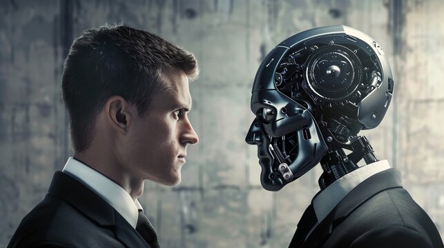 Businessman faces humanoid robot, symbolizing job market competition, automation, and human adaptation in future work.