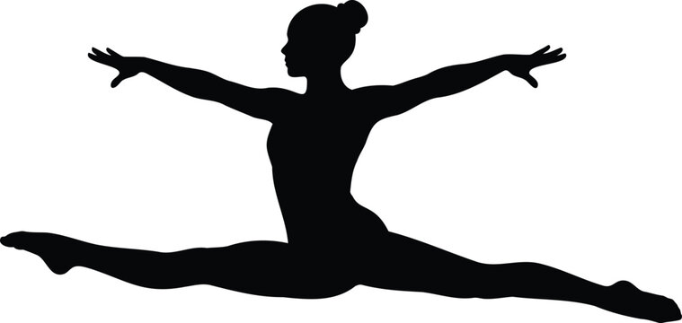 Black silhouette of a female gymnast performing a full side split on a white background, isolated for sports and fitness concepts