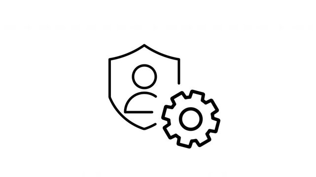 Animation black outlined shield icon human head shape gear cog machine settings symbol.
