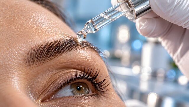 Macro shot of pipette applying peptide serum for eyebrow hair growth restoration