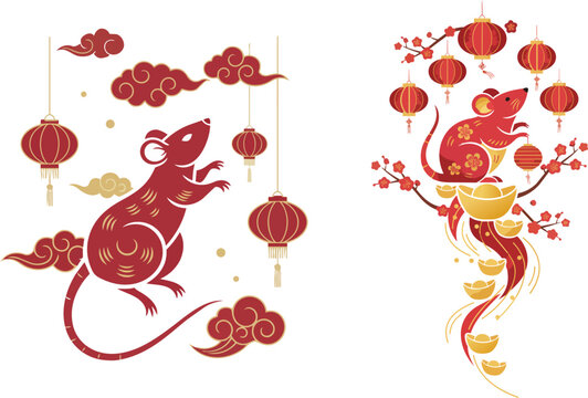 Traditional Chinese New Year illustration featuring zodiac rats with red lanterns golden clouds and cherry blossoms for festive lunar celebrations