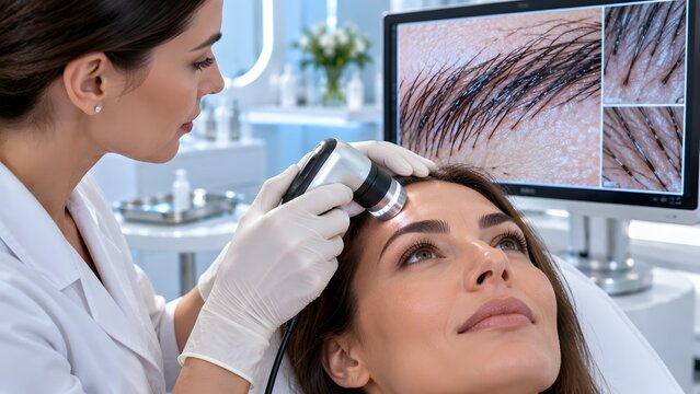 Trichologist performing digital trichoscan eyebrow hair density analysis on patient