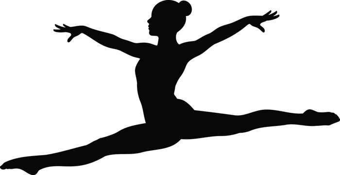 Black silhouette of a female gymnast performing a split jump, isolated on a white background gymnastics