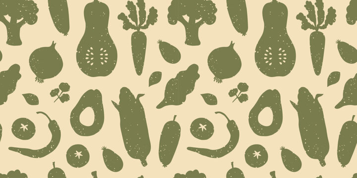 Seamless pattern with green vegetables grunge texture silhouettes. Modern farmer market print. Healthy organic food cut out of paper. Pumpkin, tomato, onion, carrot, corn, pepper. Vector illustration.