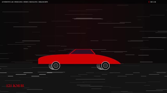 Red sports car speeding fast on dark highway at night with motion blur showing high velocity racing animation