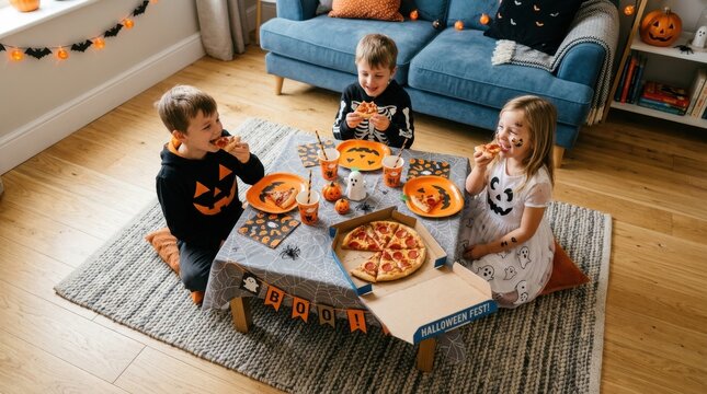 Three children in halloween costumes eating pizza at a table decorated with pumpkins and spider webs in a cozy living room