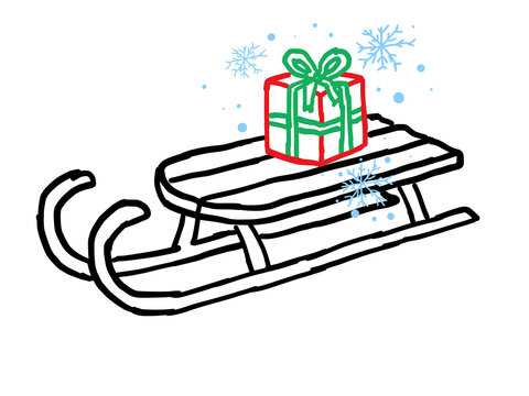 Christmas Gift Box on Wooden Sleigh Illustration with Snowflake Accents