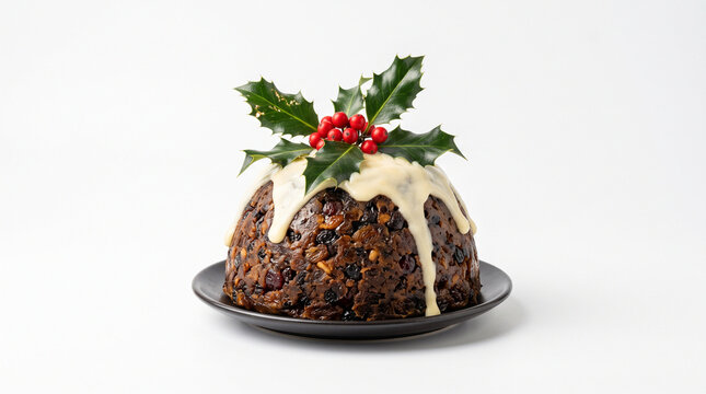 Christmas pudding with holly and cream sauce on a dark plate
