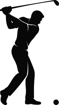 Black silhouette of a golfer at the of their backswing, holding a club, isolated on a white background