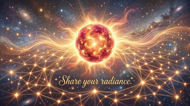 Glowing Celestial Sphere with Radiant Energy and Inspirational Text in Deep Space Background