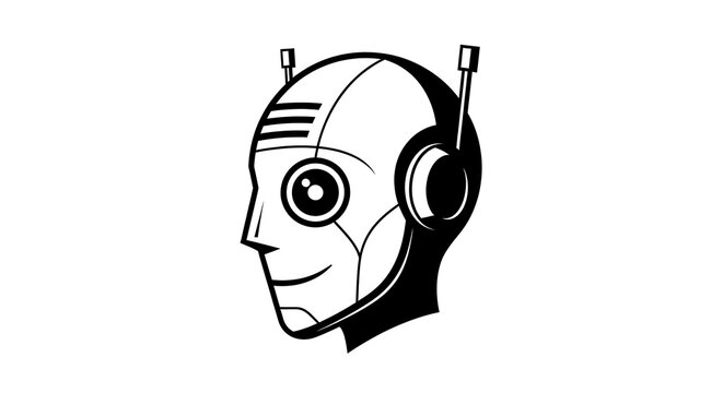 A black and white profile illustration of a smiling robot head with an antenna