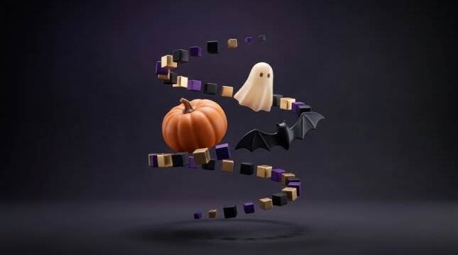 Festive 3d halloween composition featuring a floating pumpkin ghost and various spooky decorative elements