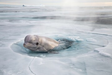 Naklejka premium Beluga Whale In Icy Water Under Soft Sunlight
