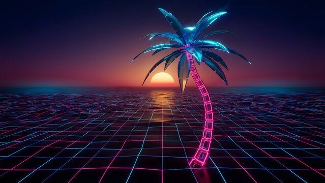 Glowing metallic palm tree standing on a digital synthwave grid landscape illuminated by a vibrant sunset during the dark night