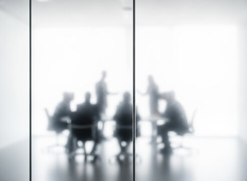 Blurred Silhouettes of Business Team Meeting in Conference Room, Blurry People Behind Frosted Glass Wall, Abstract Corporate Collaboration and Privacy Concept