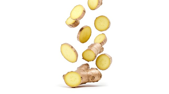 Fresh ginger root slices falling in mid-air against white background with sliced ginger