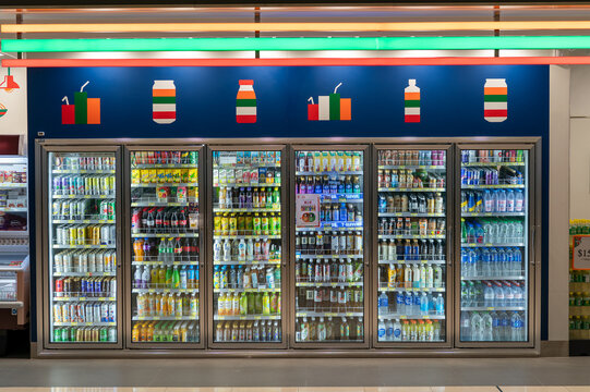 Beverage refrigerators inside 7-Eleven at Hong Kong airport