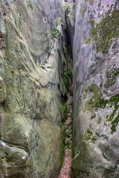 Narrow stone ravine passage with green moss on walls