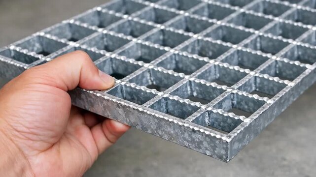 Close-up of Hand Holding Industrial Galvanized Steel Grating