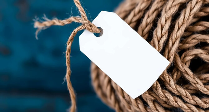 Blank White Price Tag Attached To A Coil Of Natural Brown Jute Rope