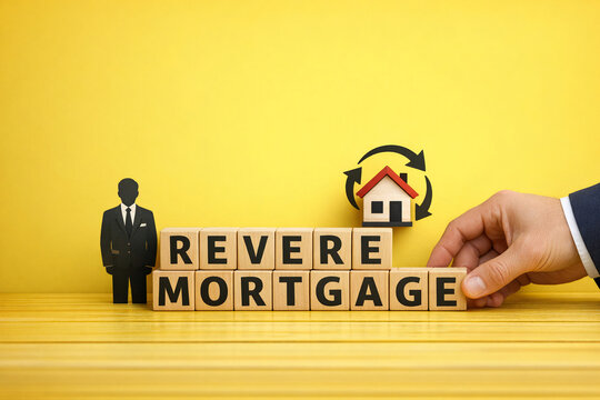 Concept of reverse mortgage with man and hand on Scrabble tiles spelling out the term.