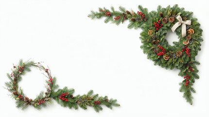 Obraz premium Decorative christmas wreath and garland corner border arrangement with pine branches and red berries on white background