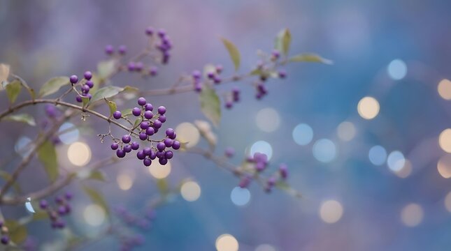 Purple beautyberry branch with soft bokeh lights in a dreamy autumn garden background