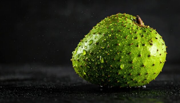 Fresh green soursop fruit with water droplets on black.