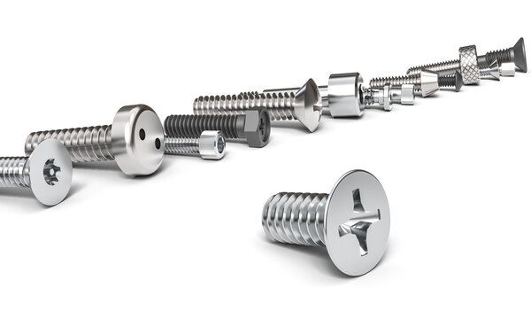 Variety of metal screws and bolts 3d