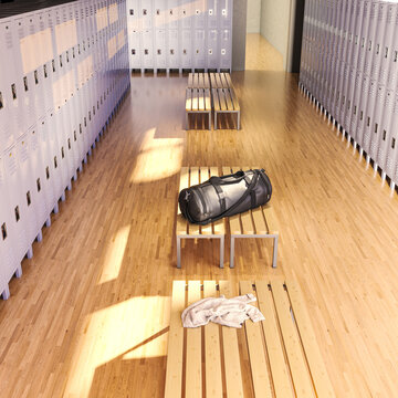 Empty locker room interior with gym bag 3d