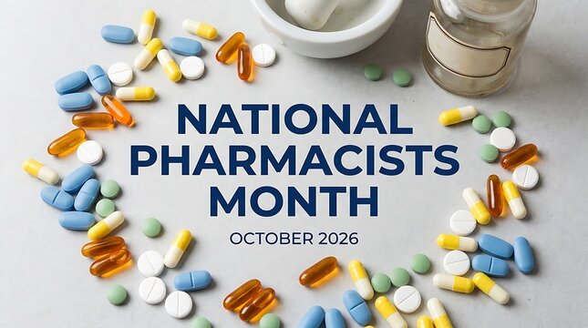 National Pharmacists Month concept with colorful medical pills and capsules on table