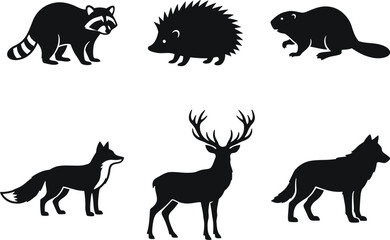 Obraz premium Forest animal silhouettes, 6 woodland creature icons, black wildlife vector set