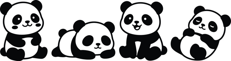 Cute panda bear characters, set of 4 cartoon panda vectors, black and white icons © LoveU