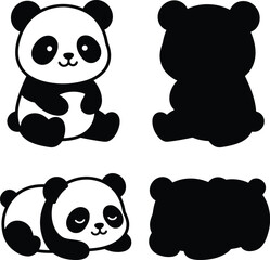 Cute panda bear vector set, cartoon animal silhouettes, black and white icons © LoveU