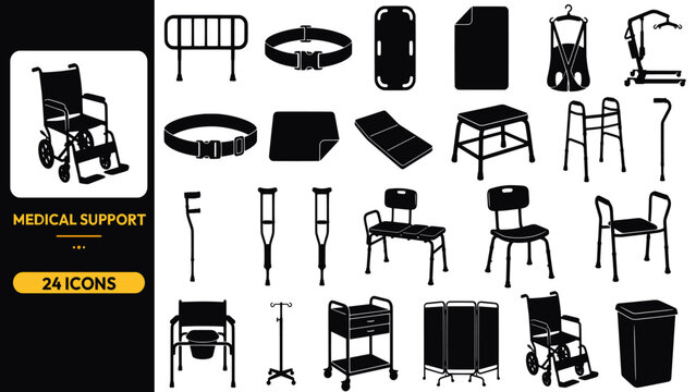 Medical support and mobility aid glyph icon set, 24 solid vector symbols including wheelchair, walker, crutches, commode chair, shower chair and patient lift for elderly care and rehabilitation