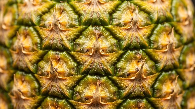 Full frame close-up texture of pineapple skin with fruit texture tropical fruit pineapple pattern food background organic texture geometric pattern yellow brown ripe fruit close-up background