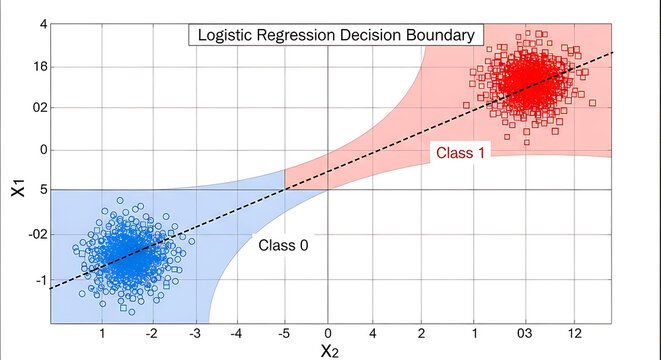 A logistic regression decision boundary chart showing two data classes on a cartesian plane