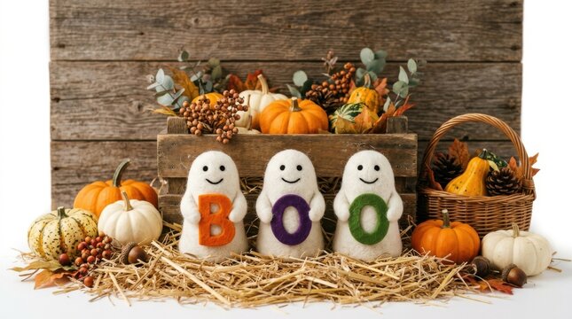 Three cute felt ghosts holding felt letters spelling boo in front of a wooden crate with pumpkins and autumn foliage on a rustic wooden surface